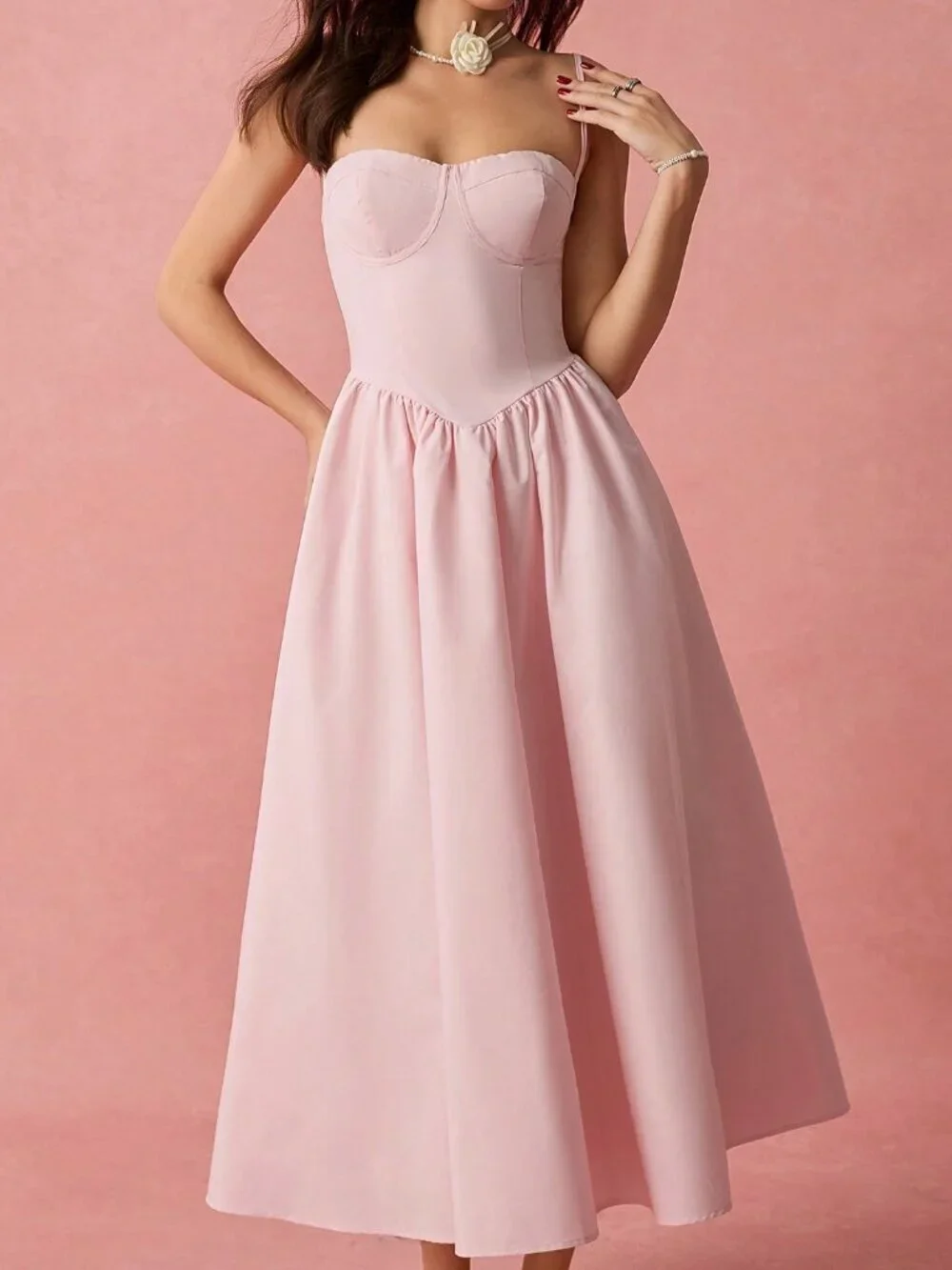 Pink Elegant Women's Romantic Pleated Long Dress